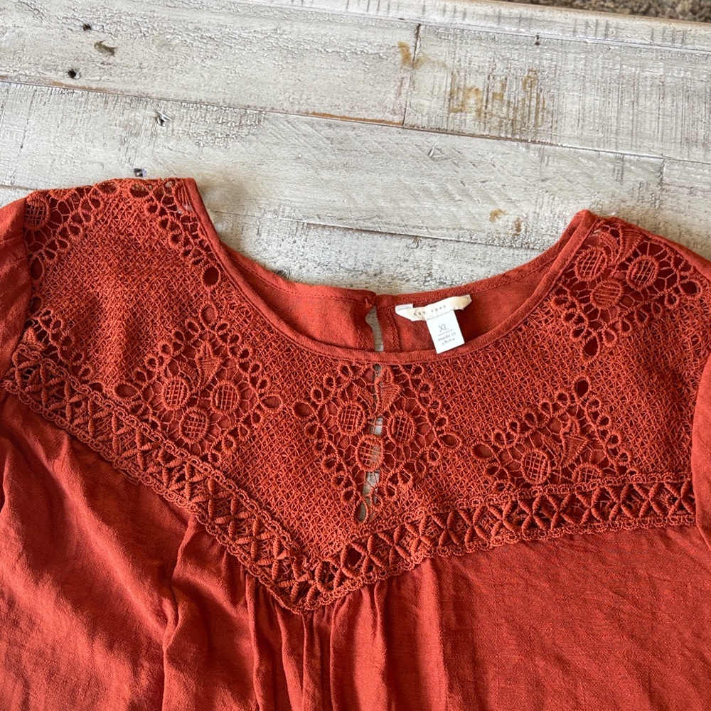 Chic Rust Blouse with Lace Accents - Picture 4 of 5
